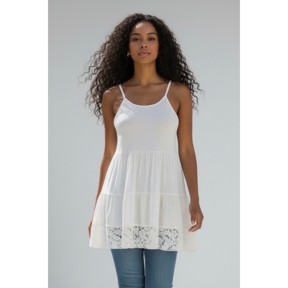 POL Ivory Lace Trimmed Tiered Tunic Top | Sleeveless Open Back Tank Top - Picture 6 of 6